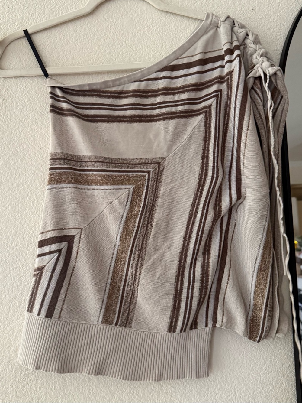 Y2K Asymmetrical One Shoulder Metallic Stripe Knit Top Brown Cream Ruched